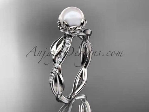 14k white gold diamond pearl leaf engagement ring AP385