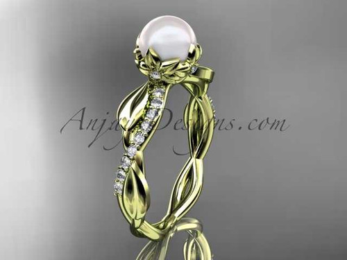 Diamond and Pearl Engagement Ring, 14k Yellow Gold Delicate Wedding Ring AP385