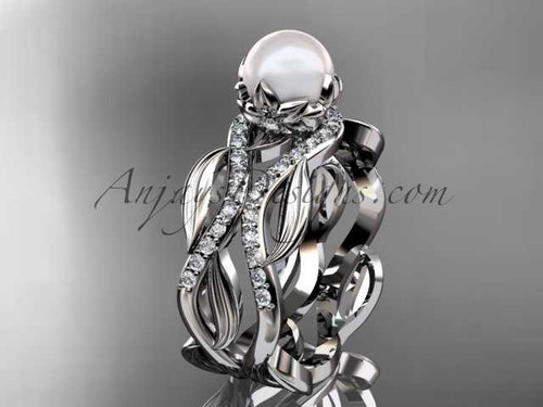 Unique 14kt white gold diamond pearl floral leaf and vine engagement set AP264
