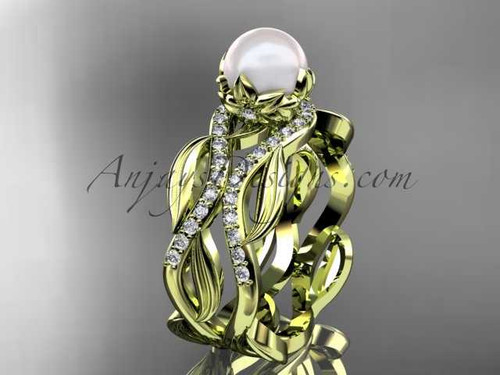 Unique 14kt yellow gold diamond pearl floral leaf and vine engagement set AP264