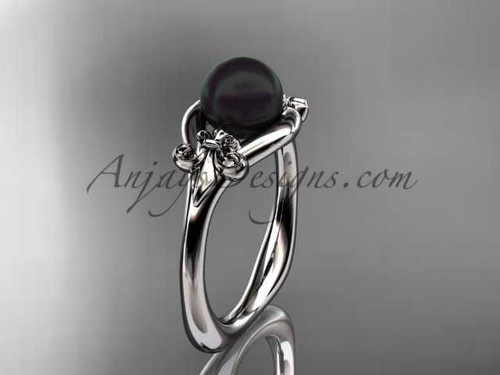 14k white gold Fleur de Lis, Round Tahitian Black Cultured Pearl engagement ring VBP10022