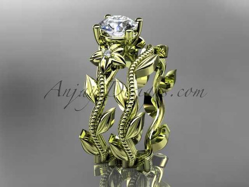 Unique 14k yellow gold diamond floral wedding ring, engagement set with a "Forever One" Moissanite center stone ADLR238S