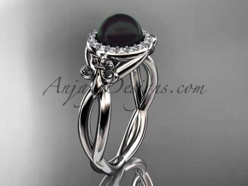 14kt white gold diamond Fleur de Lis, Round Tahitian Black Cultured Pearl, halo engagement ring VBP10023