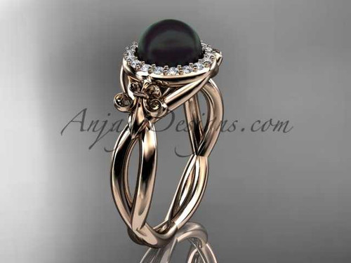 14kt rose gold diamond Fleur de Lis, Round Tahitian Black Cultured Pearl, halo engagement ring VBP10023