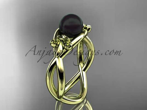 14kt yellow gold Fleur de Lis, Round Tahitian Black Cultured Pearl engagement ring VBP10024