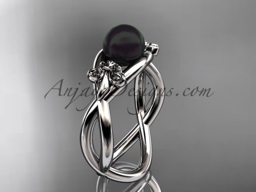 Incredible Fleur de Lis Wedding Ring, Platinum Black Pearl Engagement Ring VBP10024