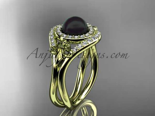 14kt yellow gold diamond Fleur de Lis, Round Tahitian Black Cultured Pearl engagement ring VBP10025