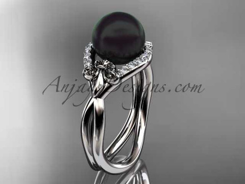 Platinum diamond Fleur de Lis, Round Tahitian Black Cultured Pearl engagement ring VBP10026