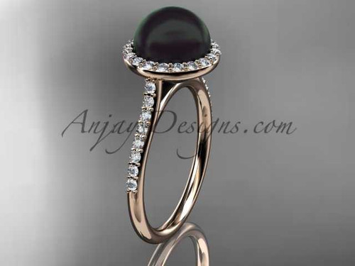 Unique 14kt rose gold diamond, Round Tahitian Black Cultured Pearl, halo engagement ring VBP10030