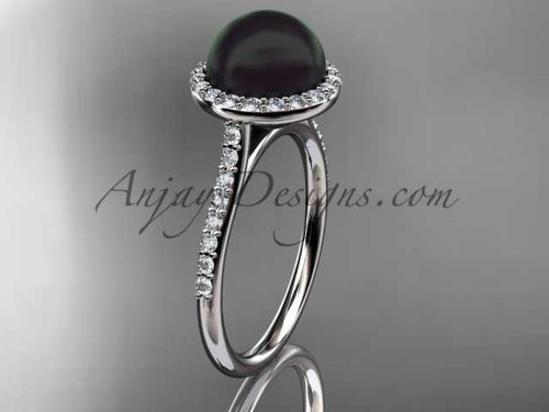Unique Platinum diamond, Round Tahitian Black Cultured Pearl, halo engagement ring VBP10030