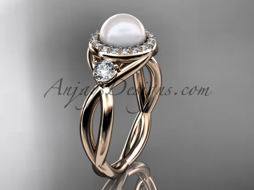 Halo Diamond And Pearl Wedding Ring, Rose Gold Unique Engagement Ring