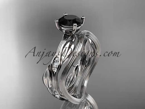 platinum diamond leaf and vine wedding ring set, engagement ring set with Black Diamond center stone ADLR31S