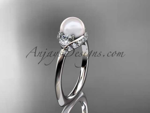 Platinum unique diamond pearl engagement ring VP8225