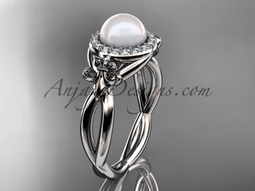 14kt white gold diamond Fleur de Lis pearl engagement ring VP10023