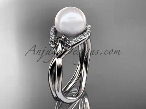 14kt white gold diamond Fleur de Lis pearl engagement ring VP10026