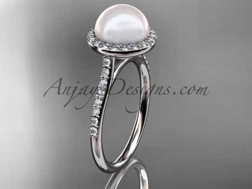 Unique Diamond and Pearl Engagement Ring, Platinum Vintage Ring VP10030