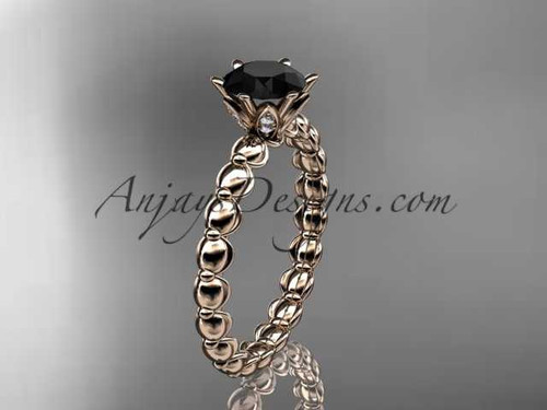 14k rose gold diamond vine and leaf wedding ring, engagement ring with Black Diamond center stone ADLR34