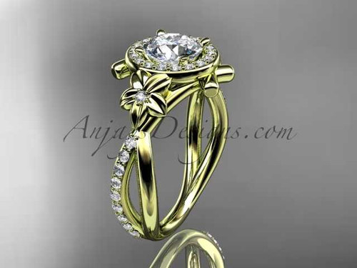 14kt yellow gold diamond leaf and vine wedding ring, engagement ring with a "Forever One" Moissanite center stone ADLR89