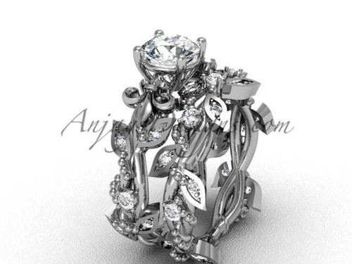 Flawless Fleur de Lis Diamond Engagement Ring Set, 14kt White Gold Leaf Wedding Ring VD20859S