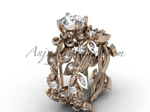 Gorgeous Fleur de Lis Wedding Set, 14kt Rose Gold Nature Themed Ring VD20859S