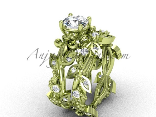 14k yellow gold diamond leaf and vine, Fleur de Lis, engagement set VD20859S