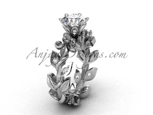 14k white gold diamond leaf and vine, Fleur de Lis engagement ring VD208124