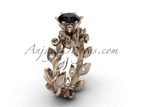 14k rose gold diamond leaf and vine, Fleur de Lis, Black Diamond engagement ring VD208124