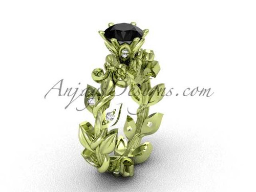 14k yellow gold diamond leaf and vine, Fleur de Lis, Black Diamond engagement ring VD208124