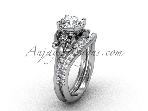 14kt white gold diamond Fleur de Lis, wedding band, eternity engagement ring, "Forever One" Moissanite engagement set VD208125S