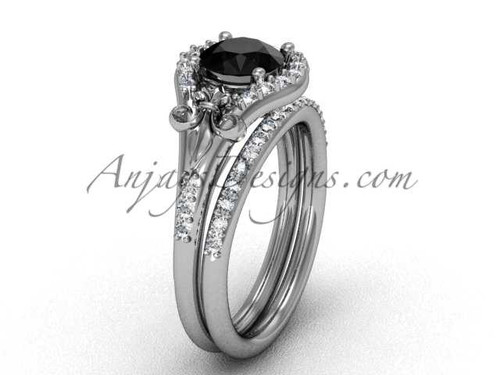 Platinum diamond Fleur de Lis,wedding band, eternity engagement ring, Black Diamond engagement set VD208126S