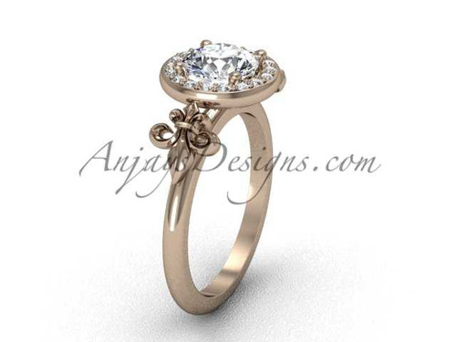 14kt rose gold diamond, halo ring, Fleur de Lis engagement ring, One Moissanite VD208129