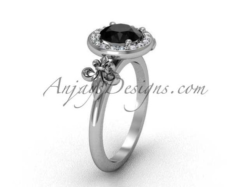 Platinum diamond, halo ring, Fleur de Lis engagement ring, enhanced Black Diamond VD208129