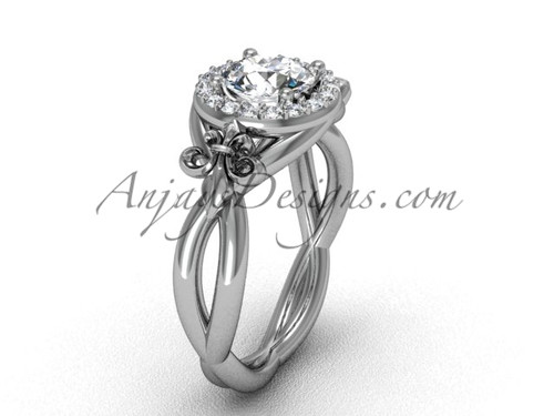 Unique Diamond Engagement Ring, Platinum Fleur de Lis Wedding Ring