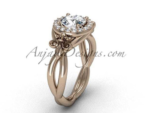 14kt rose gold diamond Fleur de Lis engagement ring, "Forever One" Moissanite VD10023