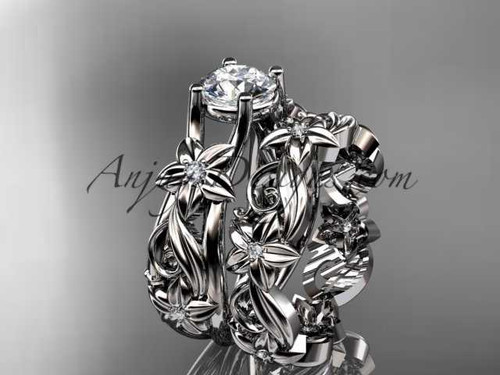 14k white gold diamond floral wedding set, engagement set with a "Forever One" Moissanite center stone ADLR216S