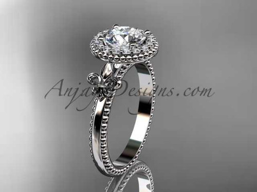 14kt white gold diamond Fleur de Lis engagement ring, "Forever One" Moissanite VD10063