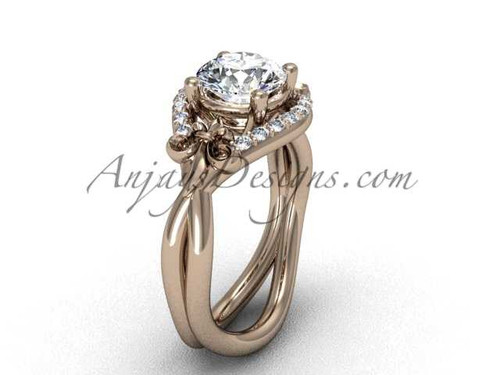 14kt rose gold diamond Fleur de Lis wedding ring, engagement ring, "Forever One" Moissanite VD10026