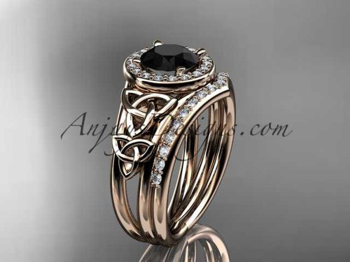 Amazing Black Diamond Celtic Engagement Ring, 14kt Rose Gold Halo Diamond Trinity Knot Wedding Set CT7131S