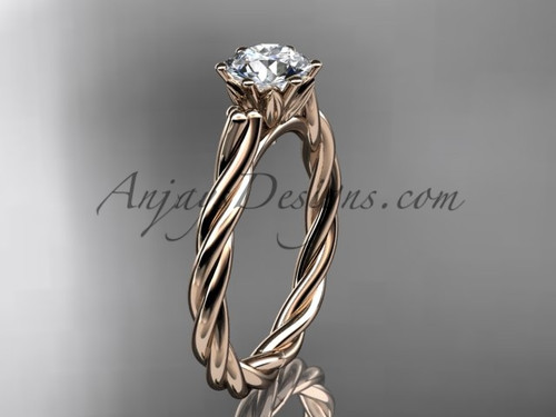 14k rose gold rope engagement ring with a "Forever One" Moissanite center stone RP835