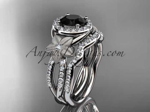 platinum diamond floral wedding ring, engagement set with a Black Diamond center stone ADLR127S