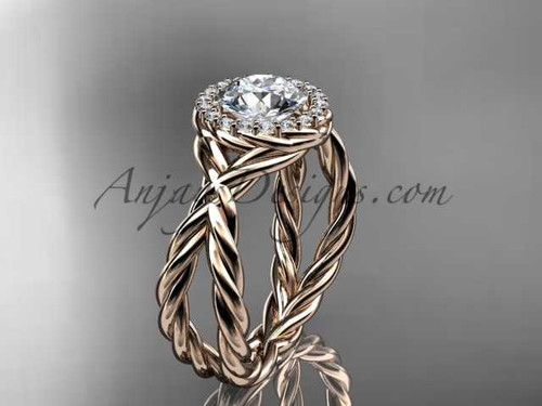 14kt rose gold diamond rope engagement ring with a "Forever One" Moissanite center stone RP889