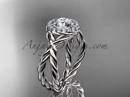 platinum diamond rope engagement ring with a "Forever One" Moissanite center stone RP889