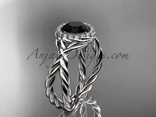 14kt white gold diamond rope engagement ring with a Black Diamond center stone RP889