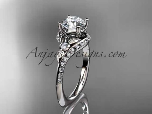 14kt white gold diamond leaf and vine engagement ring with a "Forever One" Moissanite center stone ADLR112