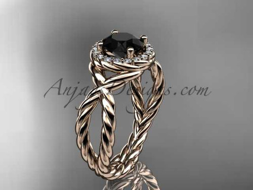 14kt rose gold rope halo diamond engagement ring with a Black Diamond center stone RP8127