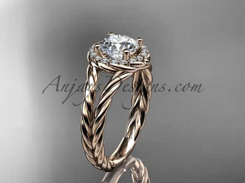 14kt rose gold rope halo diamond engagement ring with a "Forever One" Moissanite center stone RP8131