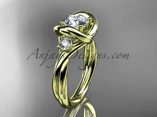 14kt yellow gold twisted rope three stone engagement ring with a "Forever One" Moissanite RP8146 14kt yellow gold twisted rope three stone engagement ring with a "Forever One" Moissanite RP8146