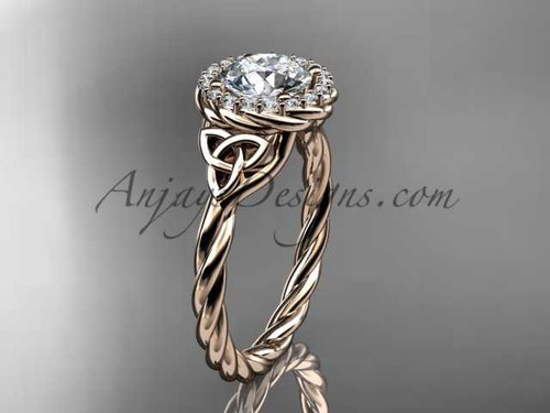 Beautiful Twisted Rope Moissanite Ring, 14kt Rose Gold Celtic Halo Diamond Engagement ring RPCT997