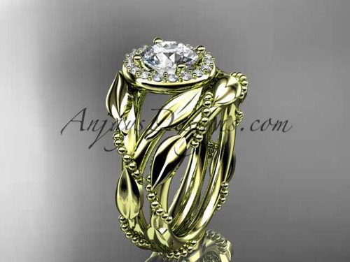 14kt yellow gold diamond leaf and vine engagement set with a "Forever One" Moissanite center stone ADLR328S
