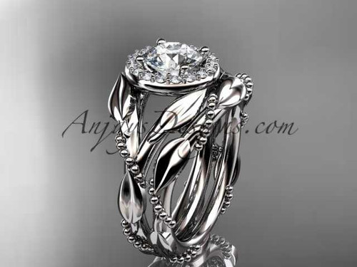 Platinum diamond leaf and vine engagement set with a "Forever One" Moissanite center stone ADLR328S